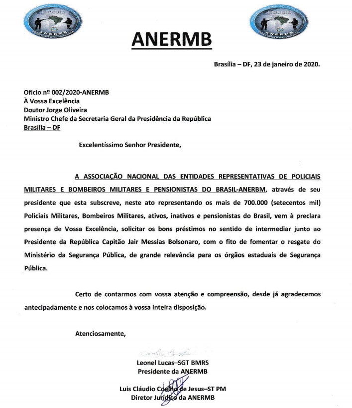 ANERMB se posiciona a favor do retorno do Ministério da Segurança Pública