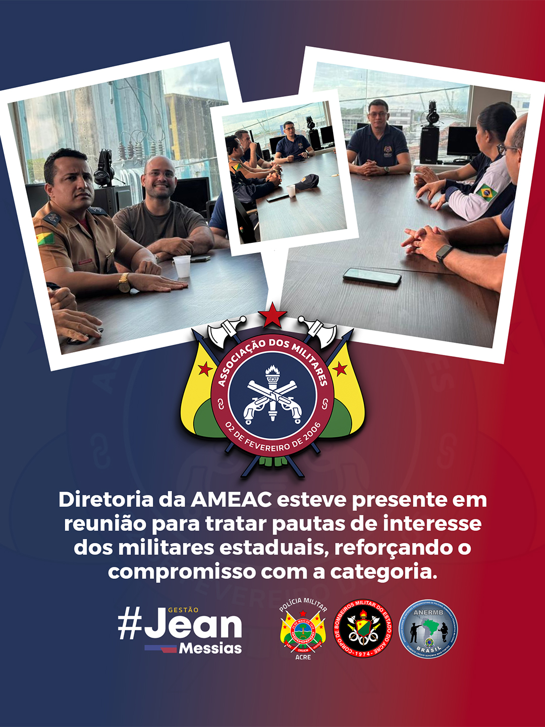 A Diretoria da Associação dos Militares do Estado do Acre (AME-AC) esteve reunida nesta segunda-feira, 18, na sala de reuniões da entidade, para tratar de pautas administrativas, jurídicas e políticas de interesse dos militares estaduais. O encontro reforça o compromisso da gestão com a transparência, o diálogo e a defesa permanente dos direitos da categoria.